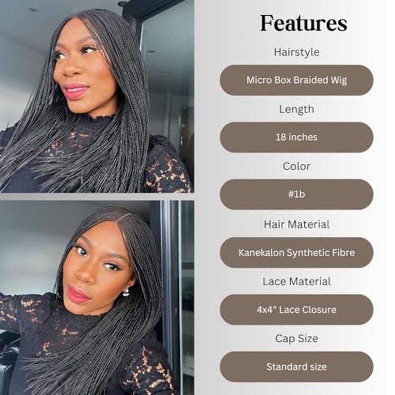 Micro Box Braids Wig, Handmade Box Braided Wigs, Braided Wig for Black Women, Glueless Braid Wigs, Premium Synthetic Box Braids - #1b (18 inches)