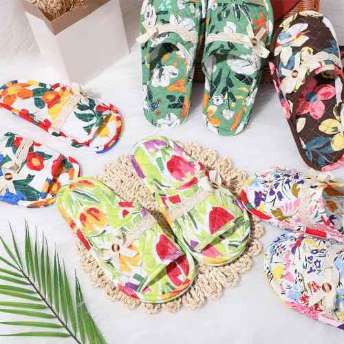 Chuarry 5 Pairs Floral Cotton House Slippers for Women, Soft Open Toe Indoor Spa Slippers for Guests Non Slip Washable Comfortable Portable Shoes for Hotel Travel Bedroom Airplane Party