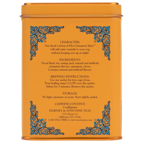Harney and Sons Decaf Hot Cinnamon , Decaf Flavored Black 20 Sachets per Tin 1.4oz