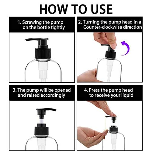 Empty Plastic Pump Bottles Dispenser 4 Pack 16oz/500ml Portable Clear BPA-Free Cylinder Shampoo Lotion Hand Pump Bottle Durable Refillable Containers