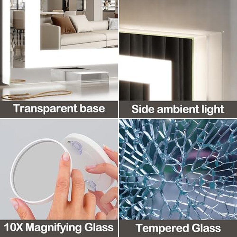 FENNIO Makeup Mirror with Lights 23"x32" £¬LED Makeup Mirror £¬Large Vanity Mirror with Lights£¬Touch Sensor with Dimmable 3 Modes, Square White