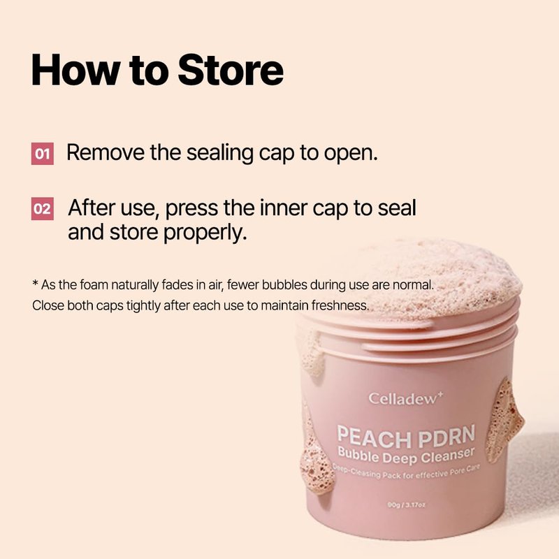 CELLADEW Peach PDRN Bubble Deep Cleanser with Succinic Acid, Facial Cleanser for Sensitive Skin, Korean Skincare (3.17 fl.oz.)