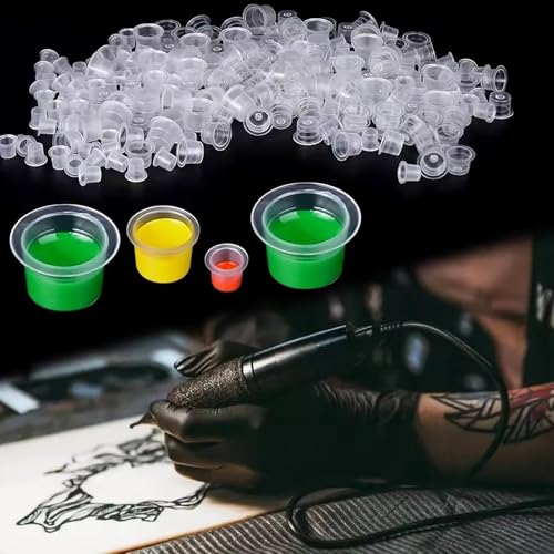 Tattoo Ink Caps Set, 600 Pieces Cups with 4 Green Cup Holders, Mixed Sizes Large Medium Small, Plastic Pigment Cups, Tattooing Machine Plastic Supplies Kit