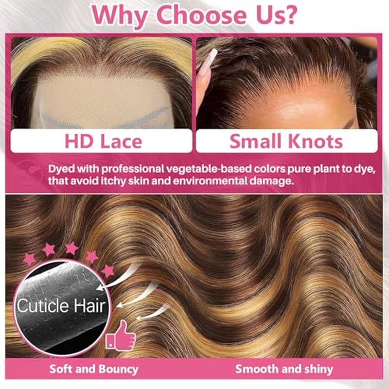 30 Inch Honey Blonde Wig Human Hair 200 Density Ombre 13x6 HD Lace Front Wigs Human Hair Body Wave Lace Front Wig Pre Plucked Glueless Highlight Frontal Wigs Human Hair for Women