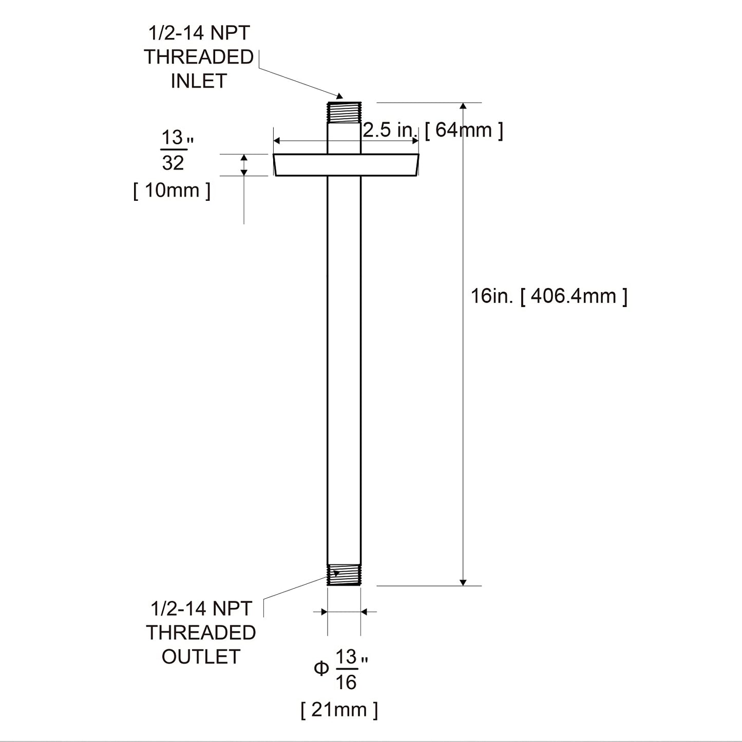 OFFO Shower Arm with Flange, 16 in Ceiling Mount Replacement Rain Shower Head Straight Arm Ceiling-Mounted For Fixed Shower Head & High Pressure Rain, Matte Black