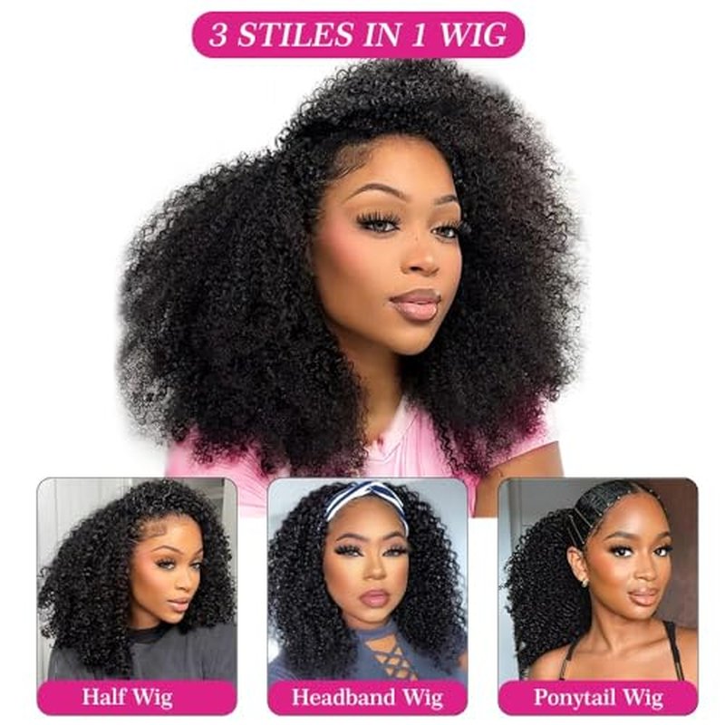 Larhali Kinky Curly Half Wig Human Hair 180% Density Wear And Go Glueless Wigs Human Hair 18 Inch Curly 3 In 1 Half Wigs for Women Drawstring Seamless Flip Headband Wig Beginner Friendly