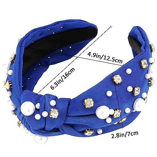 Knotted Headbands with Pearl Rhinestone Royal Blue Womens Headbands Wide Top Knot Headbands Beaded Headband Crystal Jeweled Head Bands for Women's Hair Embellished Headbands Non Slip Sparkly Hair Bands Fashion Hair Accessories for Girls Gifts