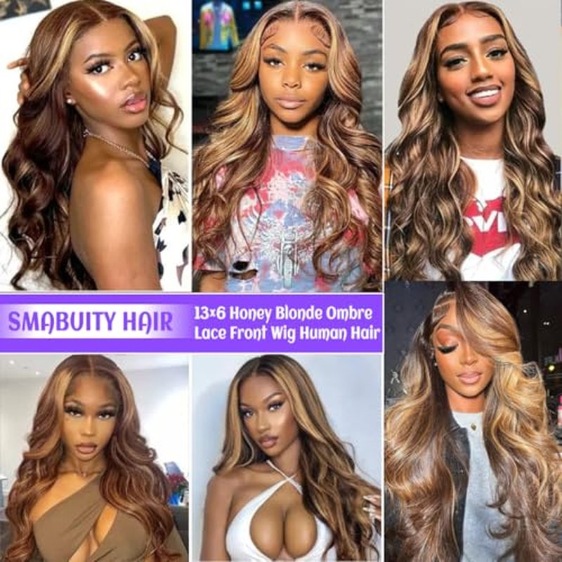 Honey Blonde Ombre Lace Front Wig Human Hair Highlight 13X6 Body Wave Lace Front Wigs Human Hair Pre Plucked 180 Density 4/27 Glueless HD Lace Frontal Wig for Women 24 Inch