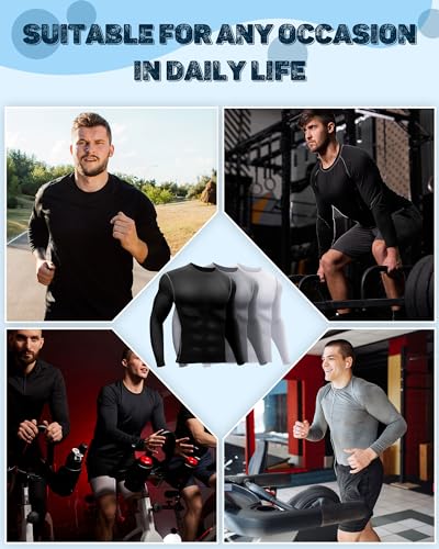 Hicarer 6 Pack Men's Athletic Compression Shirts Long Sleeve Workout Running Undershirt Thermal Sport Base Layer Top(X Large,White, Black and Gray Line, Gray)