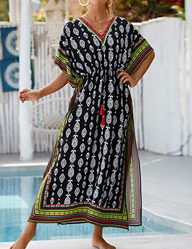 Bsubseach Kaftan Dresses for Women Plus Size Swimsuit Cover Up Long Caftan Dress with Waist Drawstring Black Green