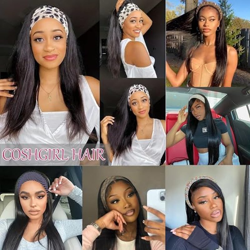Headband Wig Human Hair Straight 24 Inch None Lace Front Wig Human Hair Glueless Wigs Brazilian Virgin Hair Headband Half Wigs for Black Women 150% Density Natural Color