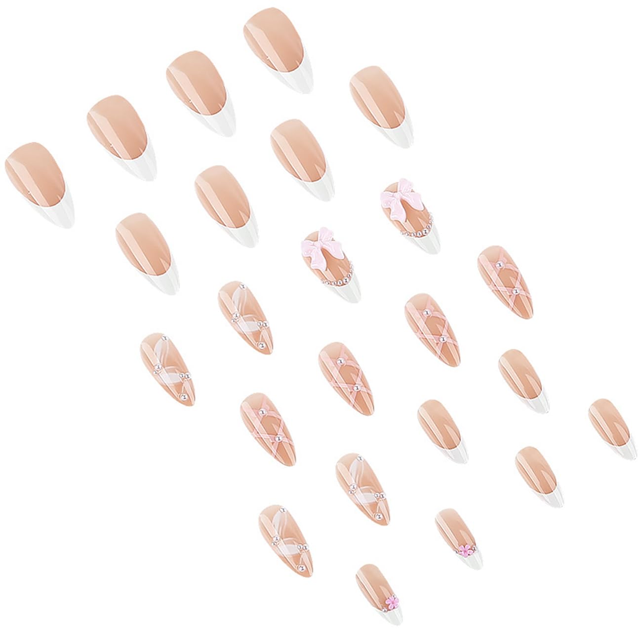 24pcs French Tip Press-On Nails - Short, Charms, Bow, Flower Design, Pink, Cute, Square Shape, Acrylic, Rhinestones