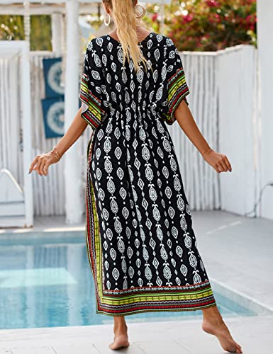 Bsubseach Kaftan Dresses for Women Plus Size Swimsuit Cover Up Long Caftan Dress with Waist Drawstring Black Green