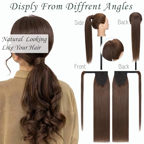 S-noilite Wrap Around Ponytail Extension Human Hair #4 Medium Brown Ponytail Extensions Real Remy Hair 14inch Long Straight Clip in Human Hair Ponytail 80Grams