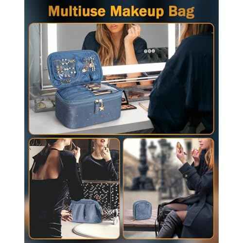 Wedama Makeup Bag Gift for Women, Double-layer Cosmetic Bag with Jewelry Storage and Brush Holder 3 Pcs Velvet Makeup Organizer Bag Gift Set Travel Toiletry Bag for Women Girls, Blue