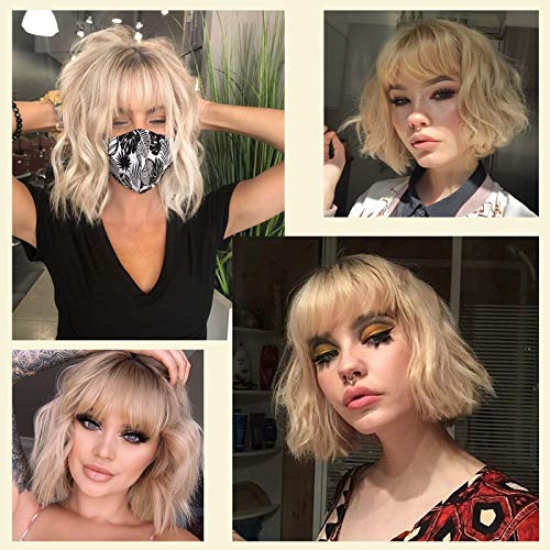 MISSQUEEN Ombre Short Blonde Wigs with Bangs Synthetic Wavy Blond Bob Wig Curly Heat Resistant Blonde Hair Wig for Women Daily Party Halloween Use