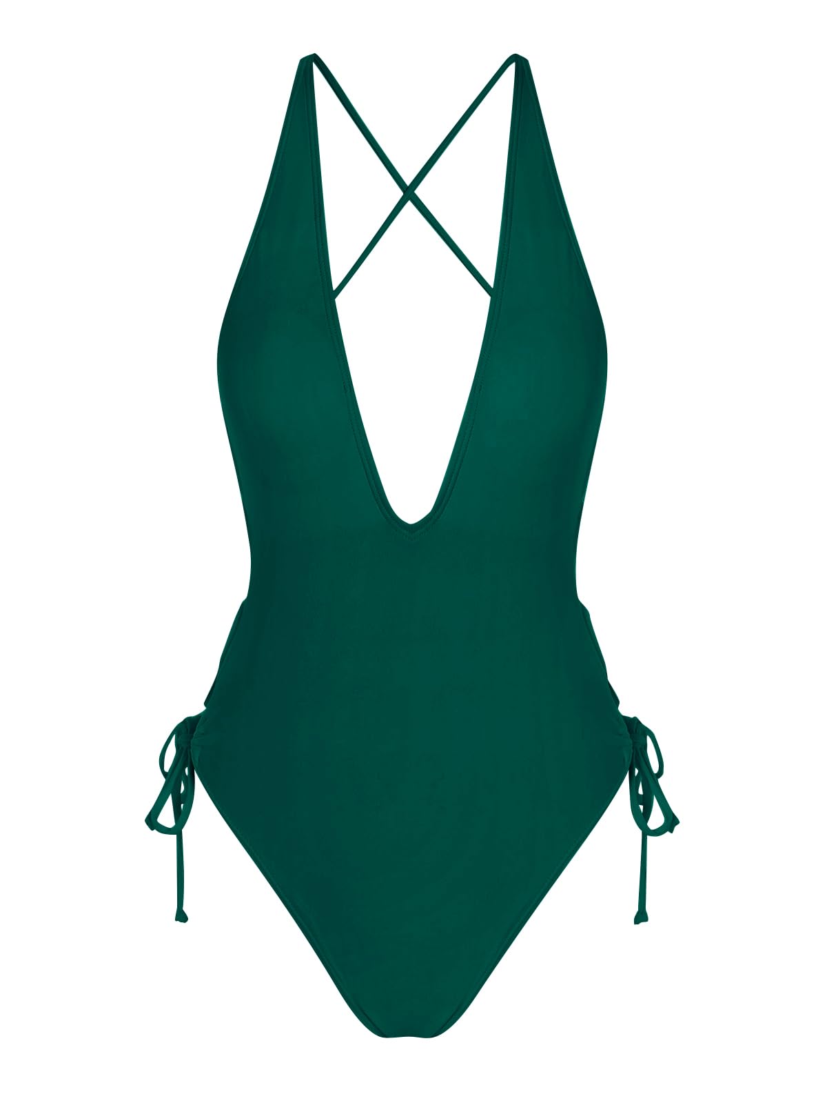 ZAFUL Women Plunging One Piece Swimsuit Backless Cross Tie High Cut Thong One-Piece Bathing Suit 0-Malachite Green L