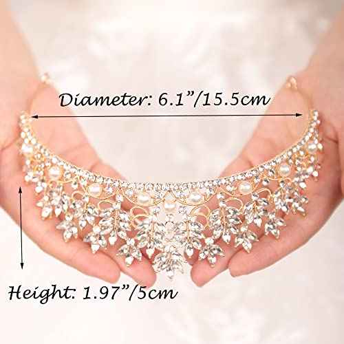 JWICOS Gold Crystal Pearl Tiara Crown for Women Princess Rhinestone Crown Headband for Brides Bridal Wedding Hair Accessories for Brides and Bridesmaid (Gold)