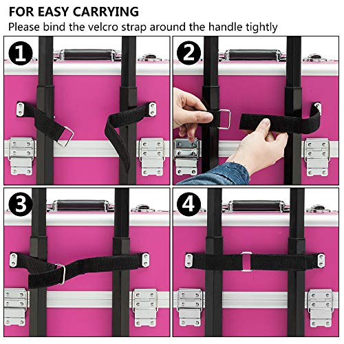 mefeir 3 in 1 Rolling Makeup Train Case, Aluminum Makeup Travel Organizer Cosmetic Case, Cosmetology Display Suitcase on Wheels, Beauty Storage Luggage Lockable w/4 Removable Wheels (Rose-Pink)