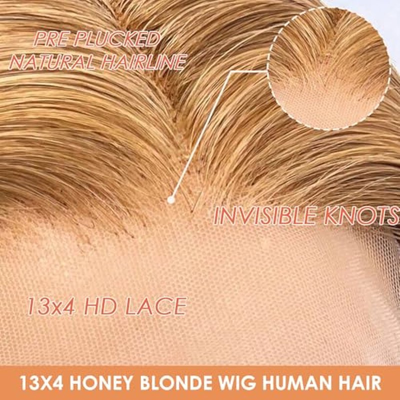 26 Inch Blonde Wig Human Hair 200 Density Honey Blonde Body Wave Lace Front Wigs Human Hair Pre Plucked 27# Color Wigs Human Hair 13x4 HD Frontal Wigs Human Hair