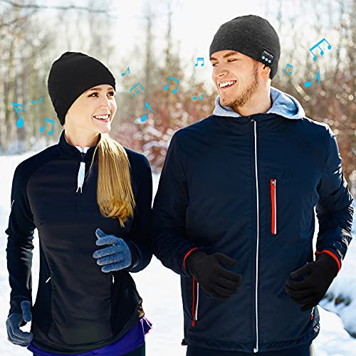 Honoson 4 Pieces Beanie Hat for Men Compatible with Bluetooth Winter Wireless Music LED Light Hat with Gloves for Men Women Sports Gifts (Black, Grey)