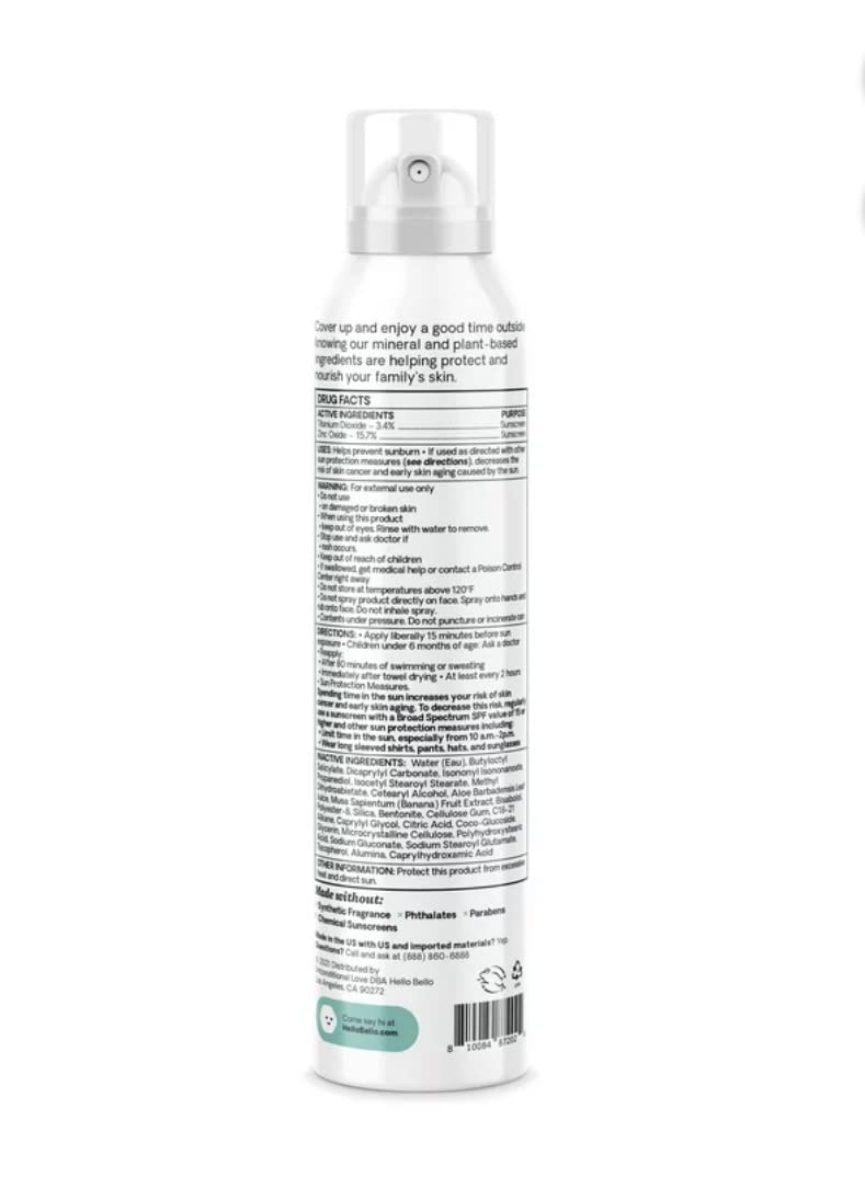 Hello Bello Mineral Sunscreen Spray SPF 30, Broad Spectrum UVA and UVB Protection, Reef Friendly and Water Resistant, Hypoallergenic