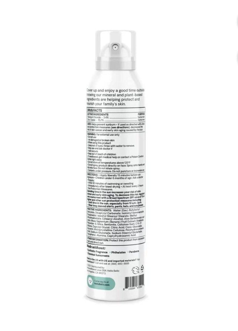 Hello Bello Mineral Sunscreen Spray SPF 30, Broad Spectrum UVA and UVB Protection, Reef Friendly and Water Resistant, Hypoallergenic