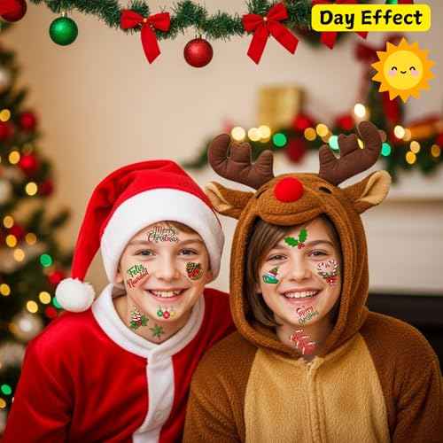 Glow In Dark Christmas Temporary Tattoos | Luminous Christmas Tattoos Xmas Decorations Party Favors Supplies Goodie Bags Stocking Stuffers Gift Idea For Kids Teen Adult Xmas Santa Claus Reindeer-60Pcs