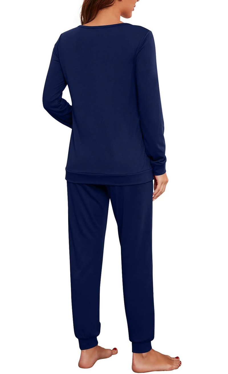 PrinStory Womens Pajama Set Long Sleeve Sleepwear Nightwear Soft Pjs Lounge Sets With Pockets Navy Blue-X-Large