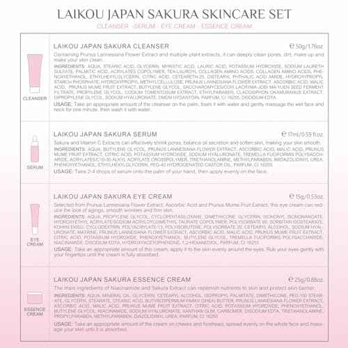 Skin Care Set JAPAN SAKURA Beauty Gift Sets Skin Care Kit with Cleanser, Serum, Eye Cream, Face Cream Travel Kit for Women Mom Wife Teen Girls Gentle Skin Cleaning TSA-friendly Sizes 4pcs