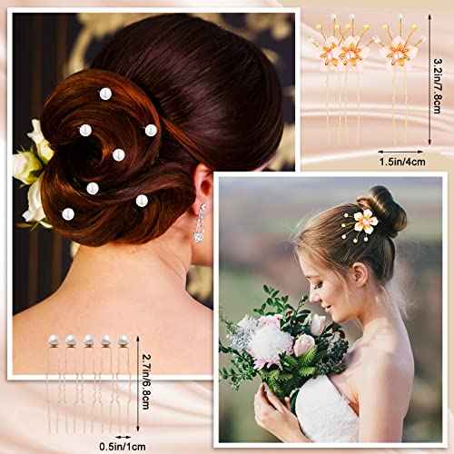 64 Pieces Hair Accessory Set: 20 Flower Rhinestone Sticks, 20 Pearl Pins, 3 Crystal Combs, Pearl Vine, 20 U-Shaped Clips (Novel Style)