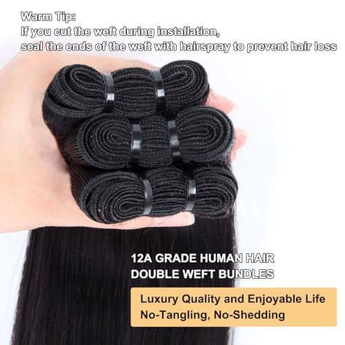 12A Straight Bundles Human Hair with 5x5 HD Lace Closure (12 14 16+10") 100% Unprocessed Brazilian Virgin Straight Human Hair Weave 3 Bundles with Closure Natural Color