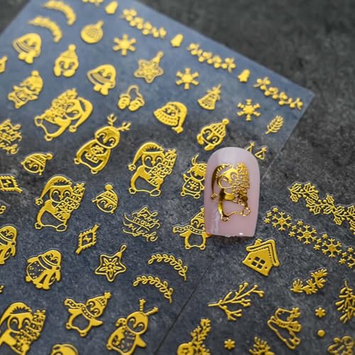 12 Sheet Christmas Nail Art Stickers - Gold Snowflake, Santa, Elk, Tree Designs - 3D Metal Decals for DIY Manicure