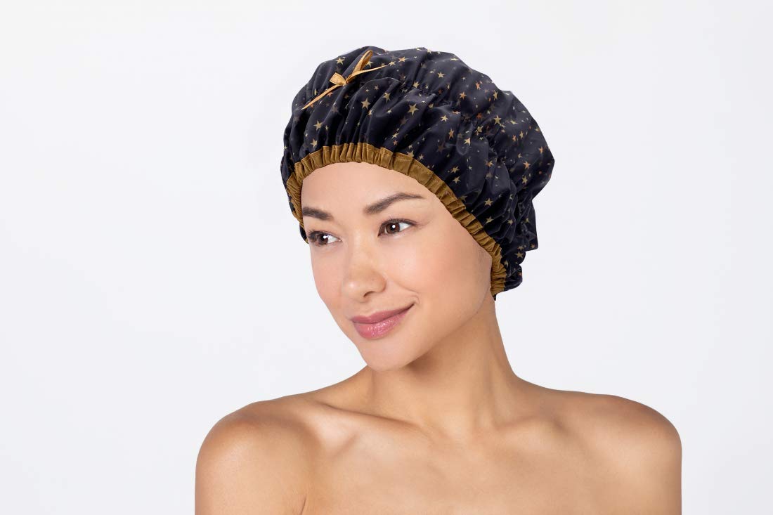 Reusable Shower Cap & Bath Cap & Lined, Oversized Waterproof Shower Caps Large Designed for all Hair Lengths with PEVA Lining & Elastic Band Stretch Hem Hair Hat - Fashionista Deco Dots