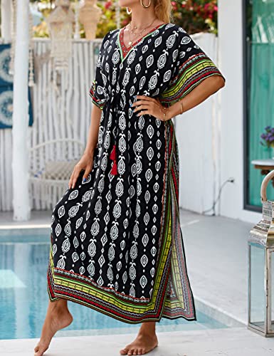 Bsubseach Kaftan Dresses for Women Plus Size Swimsuit Cover Up Long Caftan Dress with Waist Drawstring Black Green