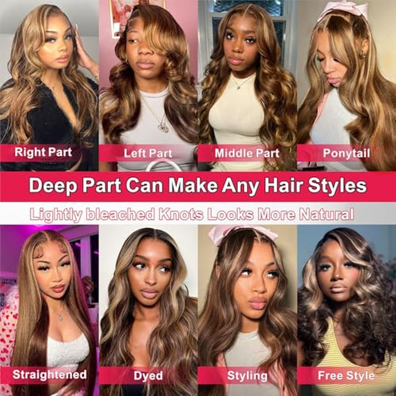 Honey Blonde Ombre 13x6 Lace Front Wigs Human Hair 200% Density Highlight Body Wave HD Lace Front Wigs Pre Plucked Glueless P4/27 Colored Wig for Women Average Cap Tangle Free 24in