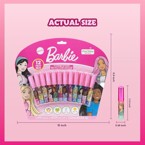 Barbie 12 Piece Plant Based Lip Gloss, Girls Party Favors, First Makeup Set for Girl, Perfect for Parties, Sleepovers, and Birthday Gifts, Ages 3+, by Townley Girl