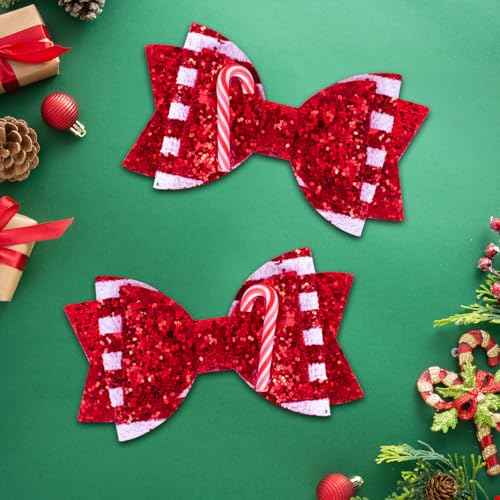 Christmas Candy Cane Hair Bows for Girls, Beleki Gliter Hair Clips Handmade Metal Alligator Clip Candy Cane Hair Accessory for XMAS Christmas Stocking Stuffers - Red