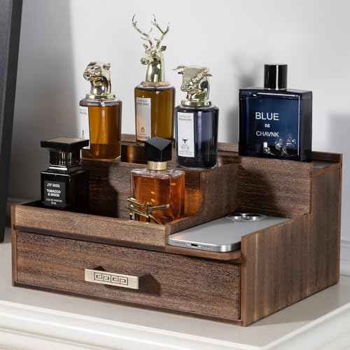 Cologne Organizer for Men, 3 Tier Perfume Display Stand with Drawer and Hidden Compartments, Stylish Wooden Mens Cologne Holder for Dresser Storage, Great Gift for Men/Fathers, Deep Brown