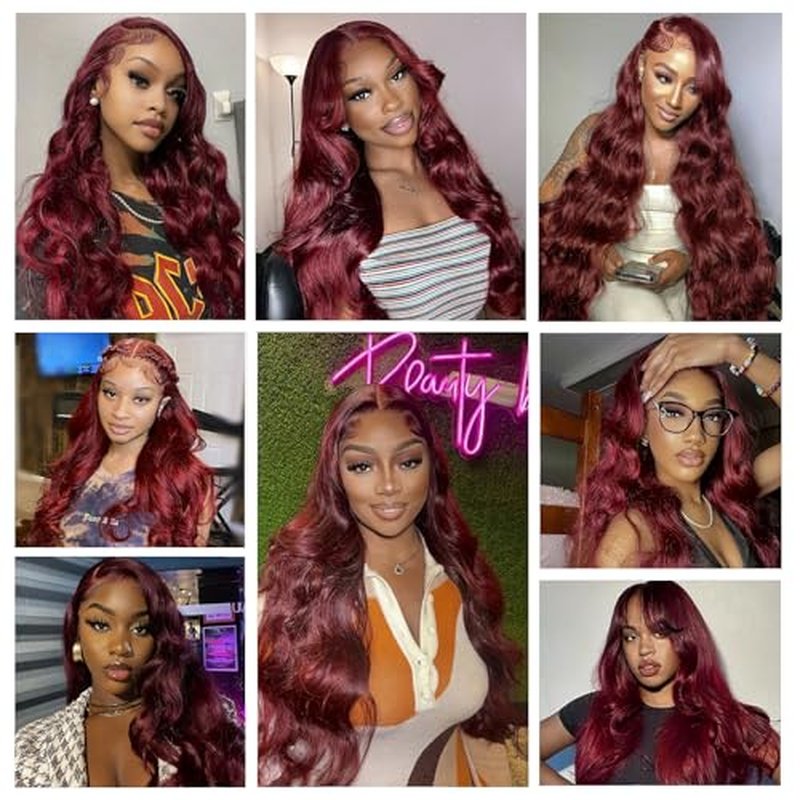 24 Inch 99j Burgundy 13x6 Body Wave Lace Front Wigs Human Hair 200% Density Glueless HD Transparent Lace Frontal Wigs Human Hair Pre Plucked With Baby Hair Burgundy Wine Red Wigs For Women