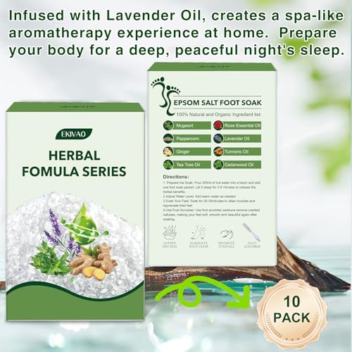10Pack Foot Soak with Epsom Salt, Epsom Salts for Soaking,Dead Sea Salt Soothes Tired Feet, Odor Scent, Spa Pedicure Care Foot Soaking, with feet scrubber