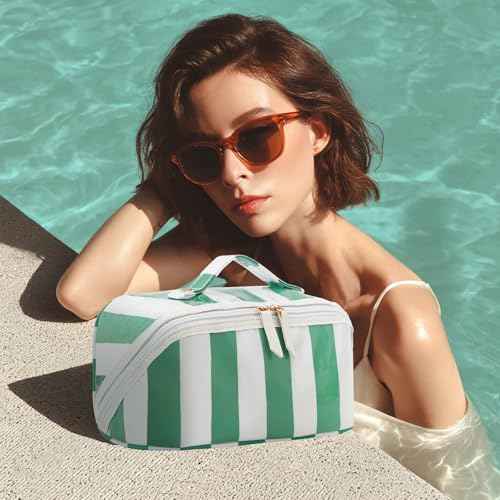 DYSHAYEN Stripe Travel Makeup Bag with Compartments Clear Coated Cosmetic Bag for Women, Waterproof Portable Open Flat Toiletry bag £¨White-Green£©