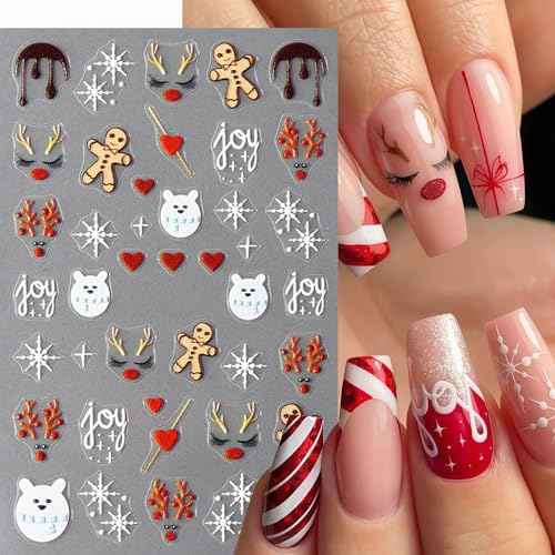 8Pcs Christmas Nail Stickers 5D Embossed Nail Decals Glitter Xmas Candy French Snowflake Gift Bow Elk Bear Nail Design Christmas Gingerbread Man Nails Supplies for Women Winter Holiday Manicure DIY