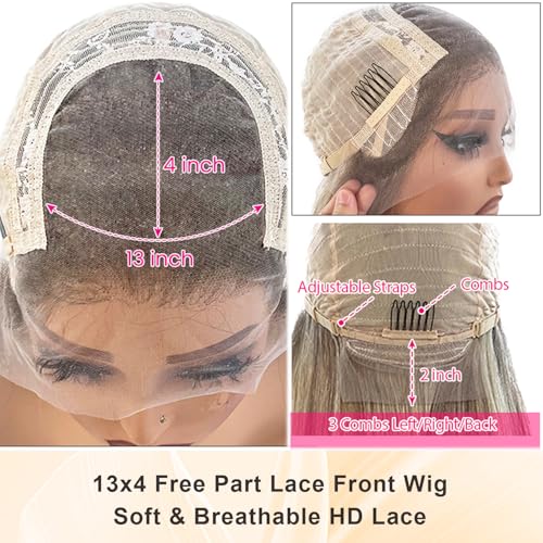 Ombre Blonde Lace Front Wig Human Hair for White Women Ash Brown Roots to Ash Blonde with White Platinum Highlights Glueless Wigs Human Hair Pre Plucked with Baby Hair 180% Density Straight 20 Inch