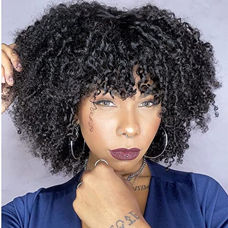 Afro Kinky Curly Wig with bangs Glueless Scalp Top Full Machine Made Human Hair Wigs for Black Women 200Density Kinky Curly Brazilian Human Hair Wig 14inch Natural Color