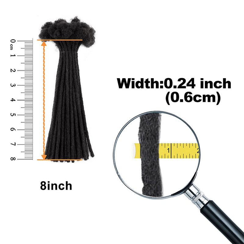 WacanDan Dreadlock Extensions, 8inch Human Hair, 30 Strands, Natural Black, Handmade Solid Color Crochet Loc Extensions, 0.6cm Width, Hair Extension for Women/Men/Kids