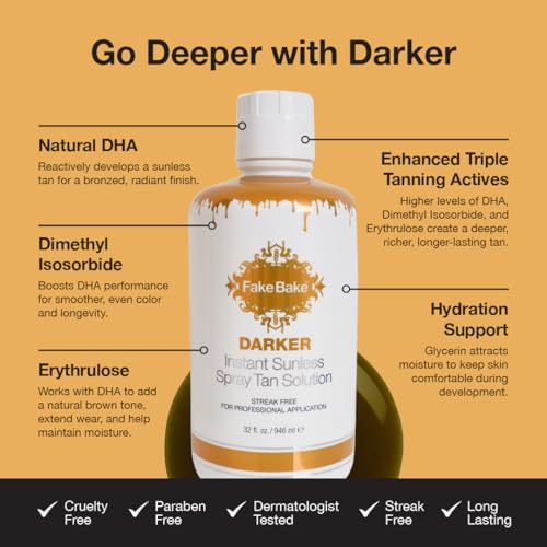 Fake Bake Darker Spray Tan Solution Sunless Self Tanner for Professional Airbrush Machine Long-Lasting Face & Body Glow Bronzing Self Tanning for Women & Men - 32 fl Oz