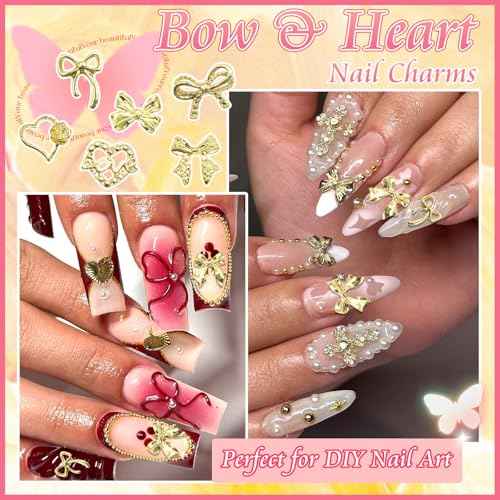 BELICEY 110Pcs Bow Heart Nail Charms Gold 3D Metal Bow Charm for Nails Flatback Heart Bowknot Nails Decoration Cute Nail Bows for Women Manicure DIY Nail Art Design Crafts