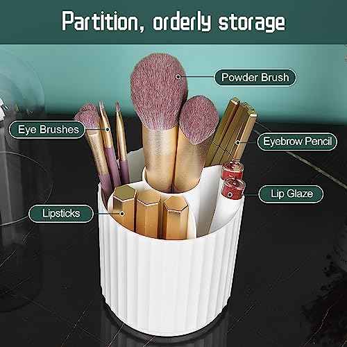 JessLab Makeup Brush Holder Organizer with Lid, 360 Degree Rotatable Makeup Brush Organizer Spinning Cosmetics Holders Brush Storage Box Display for Bathroom Vanity Countertop, White
