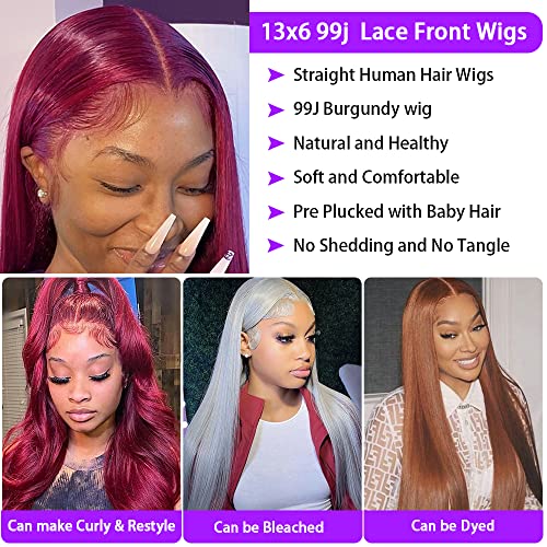 CHEETAHBEAUTY 99j Burgundy Lace Front Wigs Human Hair 16Inch 13x6 Burgundy Wig Human Hair 220% Density Brazilian Virgin Straight Human Hair Wigs for Women Pre Plucked with Baby Hair